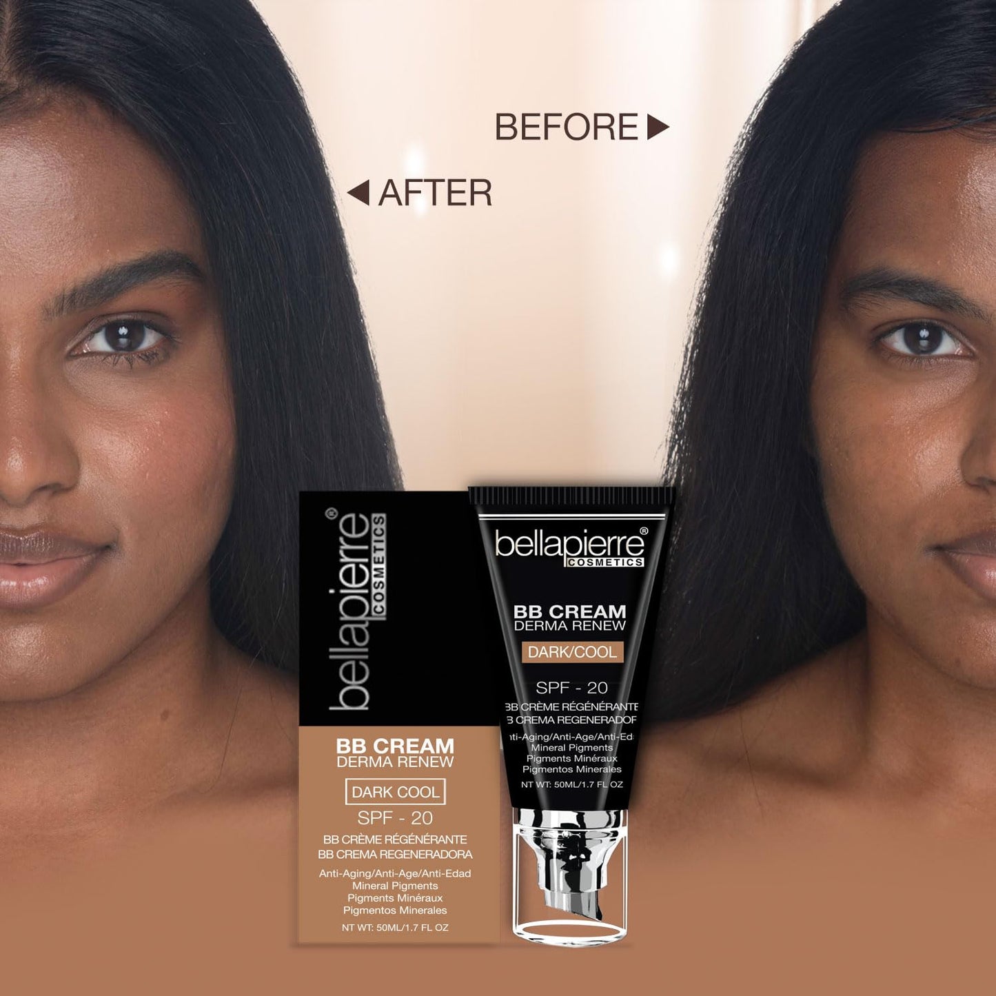 bellapierre BB Cream with SPF 20 - Tinted Sunscreen, Concealer, Matte Foundation, & Moisturizing Face Cream | Lightweight Formula + Pump Top Applicator | Non-Toxic & Paraben Free | 1.7 Oz - Dark Cool