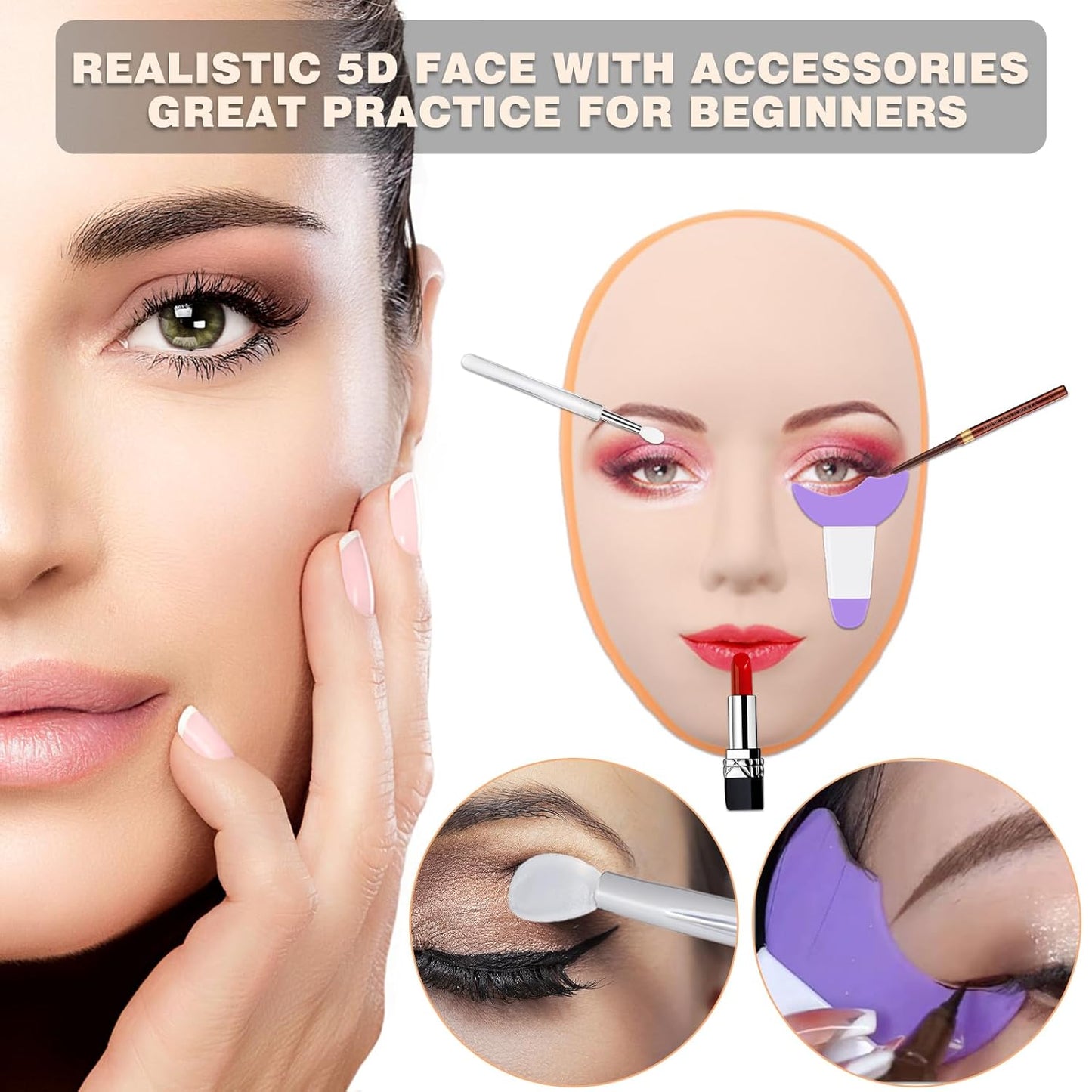 Makeup Practice Face Kit - Includes 6PCS Practice Fake Face & 5D Face Model Stand and Eye Makeup Assistance Tools, Ideal for Daily Makeup Training and Workshops