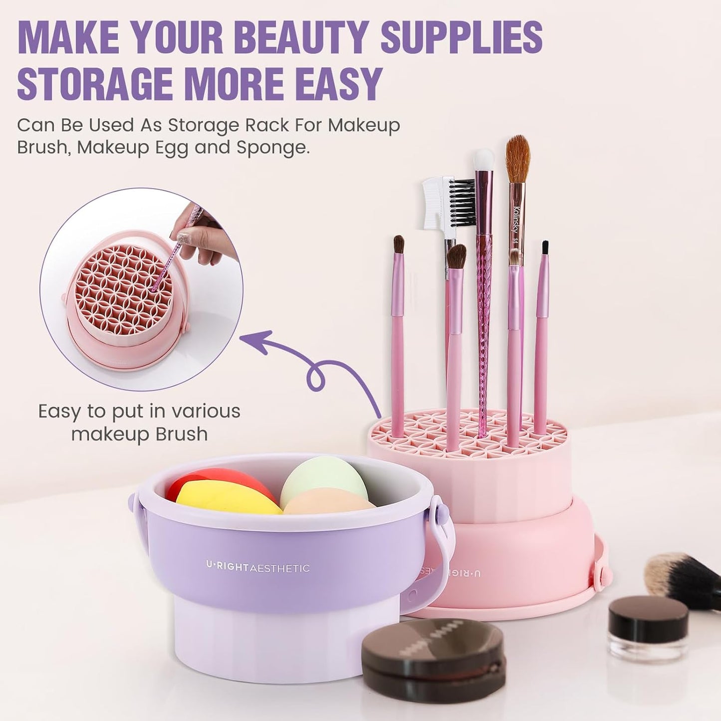 Makeup Brush Cleaner Mat 3 in 1 Silicone Makeup Brush Cleaner Bowl Cosmetic Brushes Cleaning Tool Organizer for Storage and Air Drying (Pink)