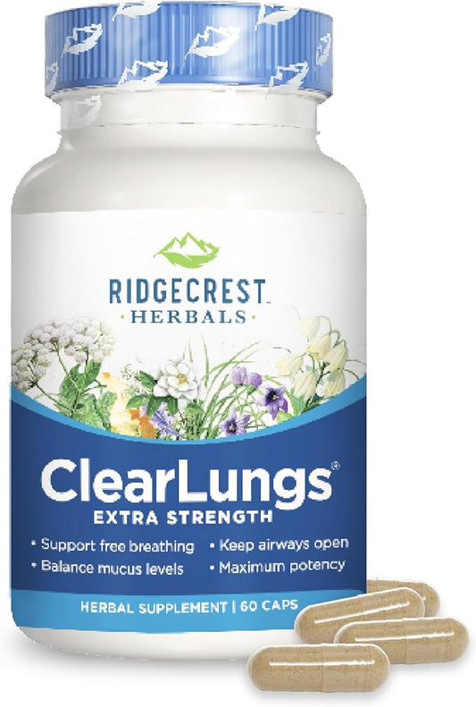 RidgeCrest Herbals ClearLungs Extra Strength, Natural Lung, Nasal Health Formula, Bronchial, Respiratory, Sinus, Mucus Support (60 Caps, 30 Serv)