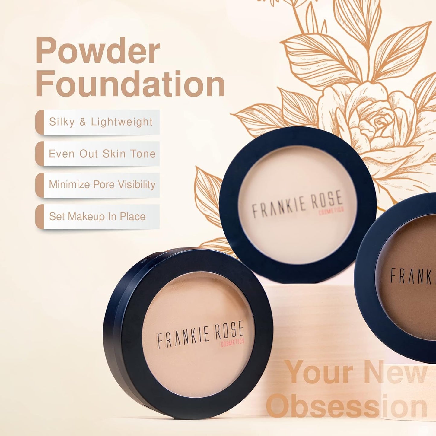 Frankie Rose Cosmetics Powder Foundation – Full Coverage Face Powder For Pores & Imperfections, Evens Out Skin Tone & Shine-Control | 58 Grams (Espresso)