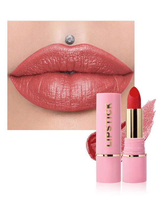 Glitter Metallic Ruby Red Shimmer Lipstick Long Lasting,Glitter Diamond Shine Nude Lipstick Transfer Proof Non-Stick Lip Gloss Shimmer Highly Pigmented Full Coverage Lip Makeup for Women-04