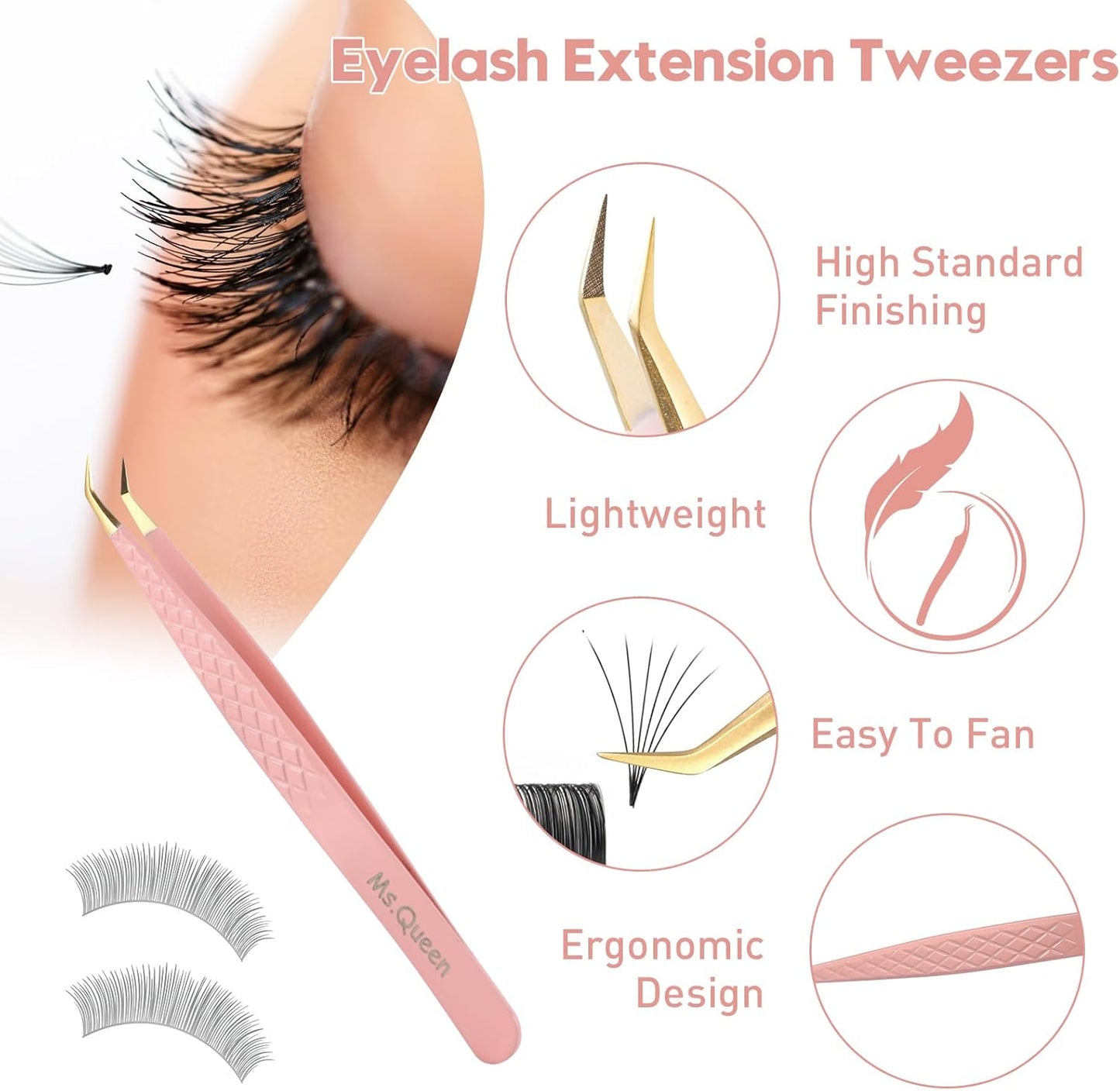 Ms.Queen Eyelash Extension Tweezers,2Pcs Fiber Tip 90 Degree Volume Tweezers and Isolation Lash Tweezers Set