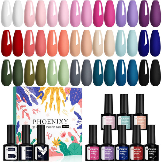 phoenixy 24 Gel Nail Polish Set, Gel Nail Polish Kit with Base Gloss Matte Top Coat Black Red Nail Polish Set Starter Kit Manicure Gift for Women-PCB9027