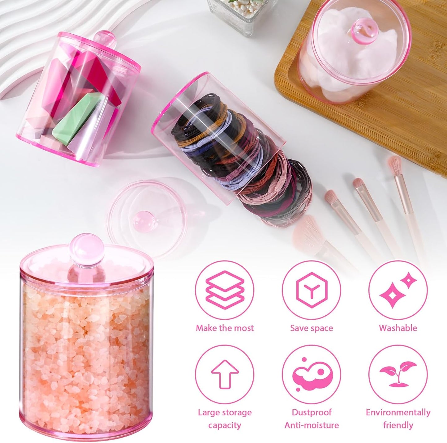 2 Pack Qtip Holder,Canister Apothecary Jar Set, Bathroom Jars with Lids Set for Cotton Swabs, Balls, Pads, Floss Picks,10oz-12oz Plastic Canisters Restroom Bedroom Vanity Organizer(Pink)