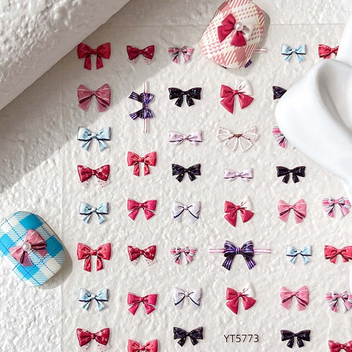 Cute Bow Nail Stickers Multicolor Bowtie Nail Decals Bow Stickers for Nails 3D Self Adhesive Nail Art Supplies & Decorations for Women Girls,1 Sheet DIY Manicure Decor