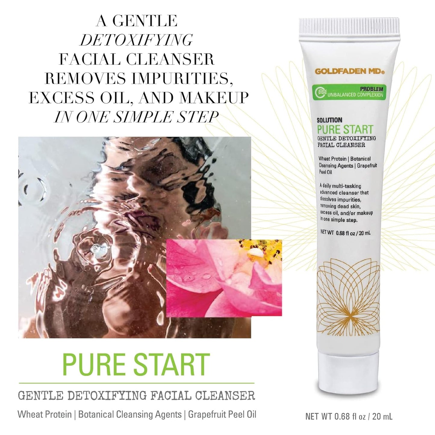 GOLDFADEN MD Pure Start Gentle Detoxifying Natural Facial Cleanser Grapefruit Peel Oil, Organic Red Tea Extract, Seaweed Extract, Rose Hip Seed Oil TRIAL .67 Fl Oz