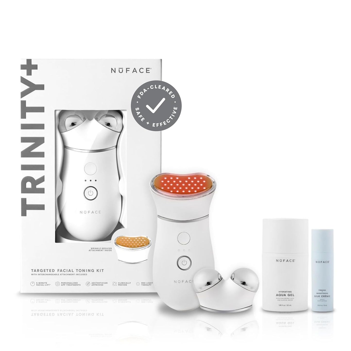 NuFACE TRINITY+ Microcurrent Facial Device + LED Red Light Wrinkle Reducer Attachment - FDA Cleared Skin Tightening Device + Microcurrent Gel Activator & Silk Creme