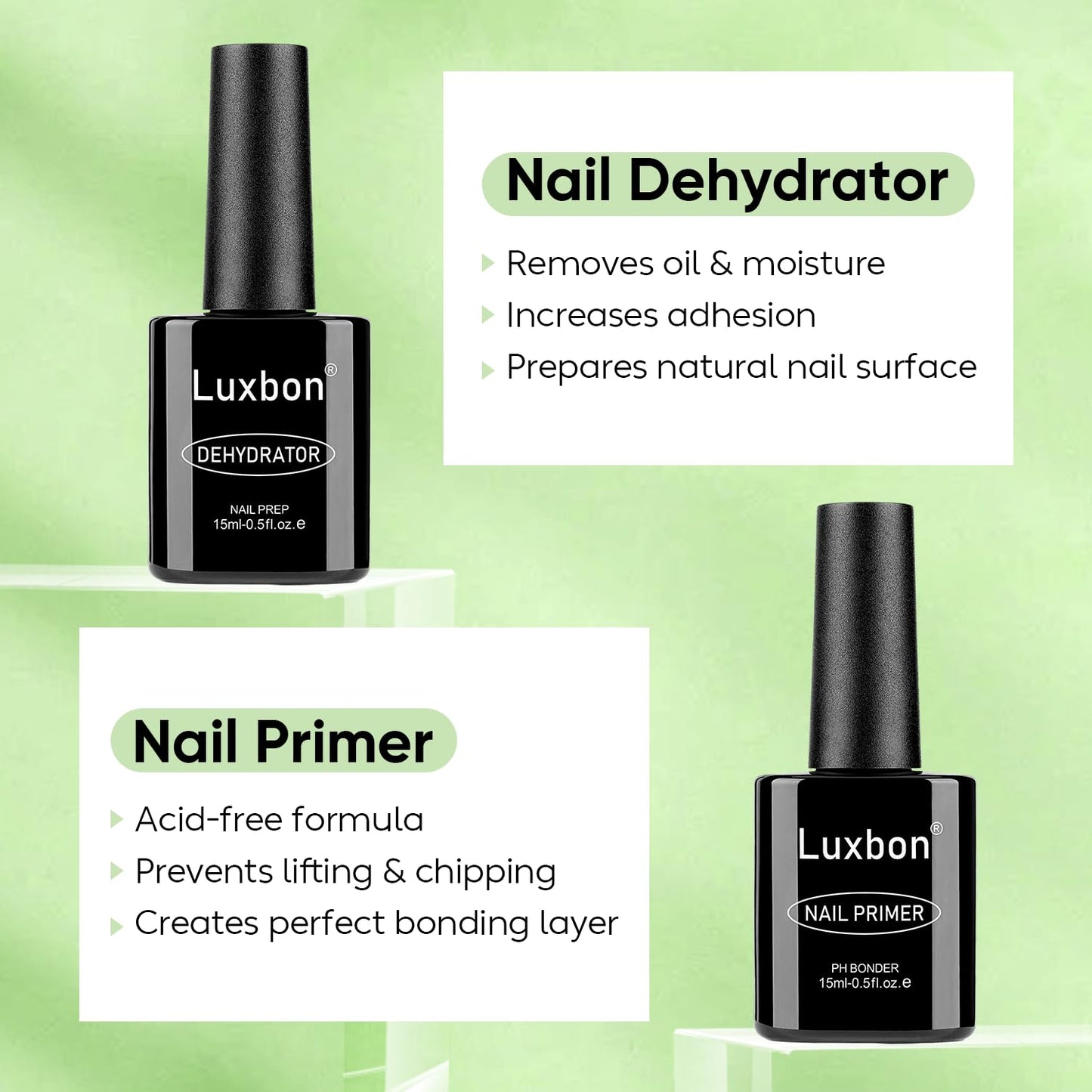 Luxbon 4 Pcs 15ml No Wipe Gel Top Coat and Base Coat Nail Primer Dehydrator Set - Long Lasting, Shine Finish, UV LED Nail Lamp Soak Off Gel Base Top Coat Manicure