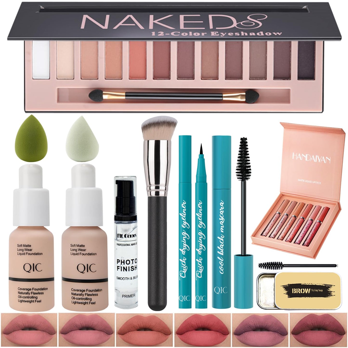 All In One Makeup Kit Full Kit,12 Colors Eyeshadow Palette,6 Colors Lipstick Set,2Full Coverage Foundation,Primer, Eyebrow Soap,Waterproof Eyeliner and Mascara(102 Nude +103 Warm peach+Shimmer Shadow)