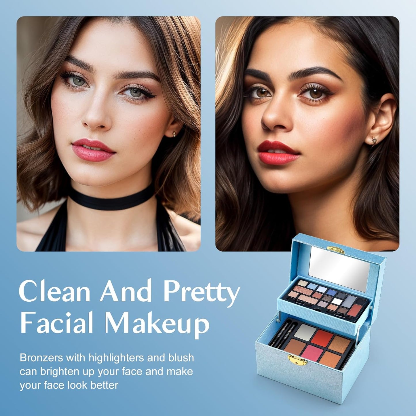 Color Nymph Beginner Makeup Kit For Teens, Girls Makeup kits With Recyclable And Key-Lockable Cabinet Included 17-Colors Eyeshadows Blushes Bronzer Highlighter Lipstick Brushes Mirror(Blue)