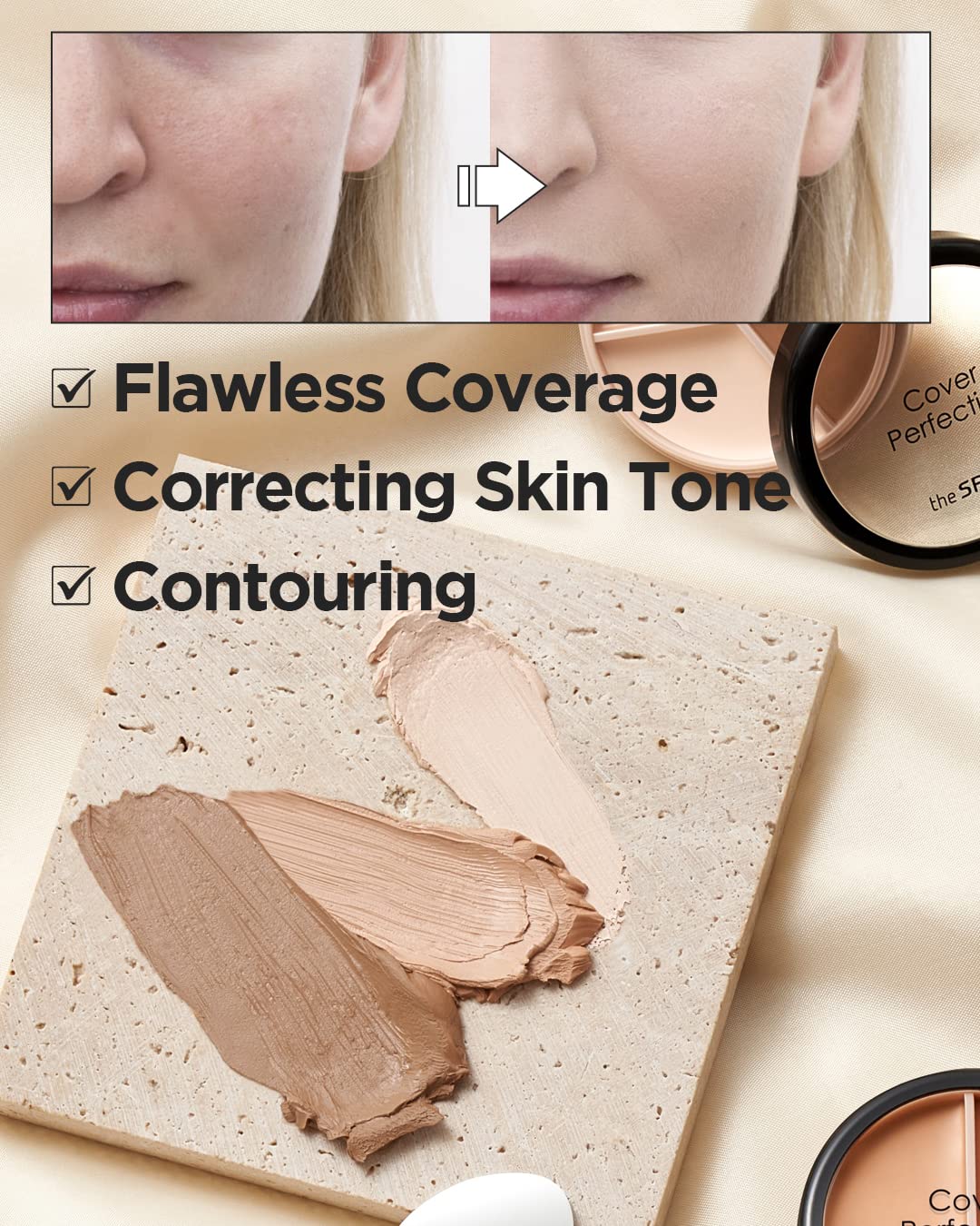 THESAEM Cover Perfection Triple Pot Concealer – 3 Color Concealer with Full Coverage Natural Beige Shade Covers Blemishes Spots, Highlighter & Contouring, 02 Contour Beige