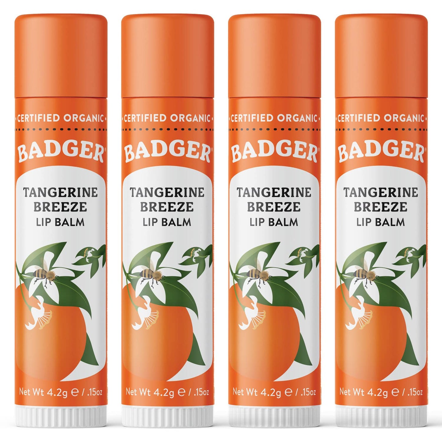 Badger Tangerine Breeze Classic Lip Balm, 100% Organic Lip Balm, Long Lasting Lip Care w/Light Silky Texture, Bright & Cheerful Lip Balm for Kids & Adults, 4 Pack