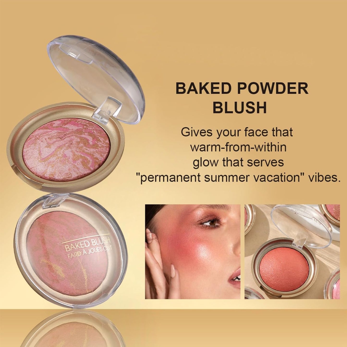 Baked Blush, Marbleized Blush for Cheeks, Shimmery Satin Finish Powder Blushes Palette, Buildable Color Natural Face Makeup Powder