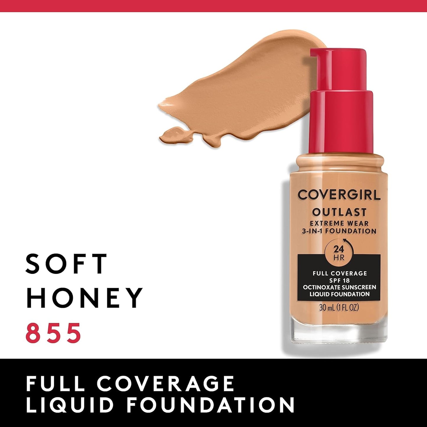 Covergirl Outlast Extreme Wear 3-in-1 Full Coverage Liquid Foundation, SPF 18 Sunscreen, Soft Honey, 1 Fl. Oz.
