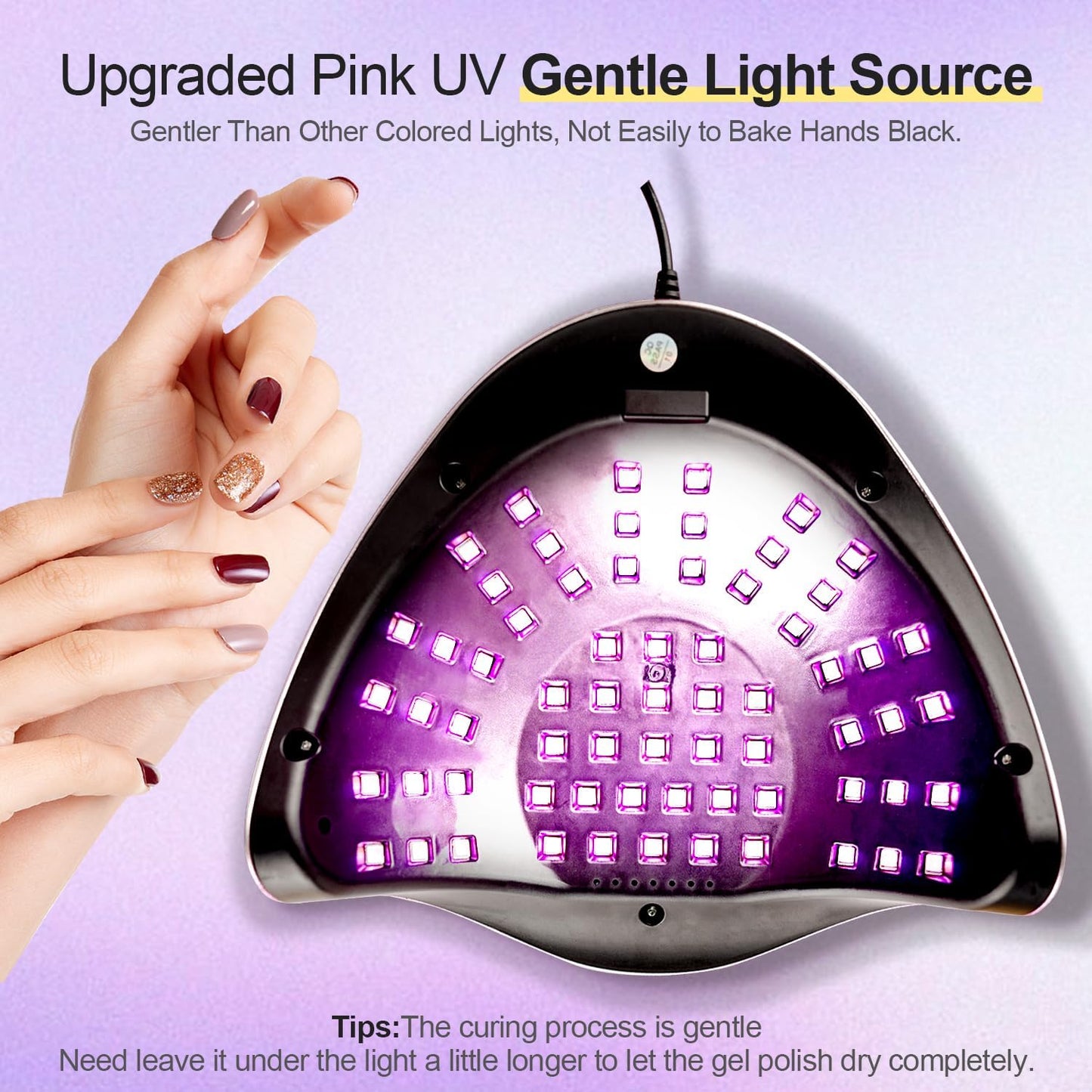 JEWHITENY Pink U V Gel Nail Lamp:LED Nails Curing Lamp with Automatic Sensor & 4 Timers Nail Light with 66 Lamp Beads
