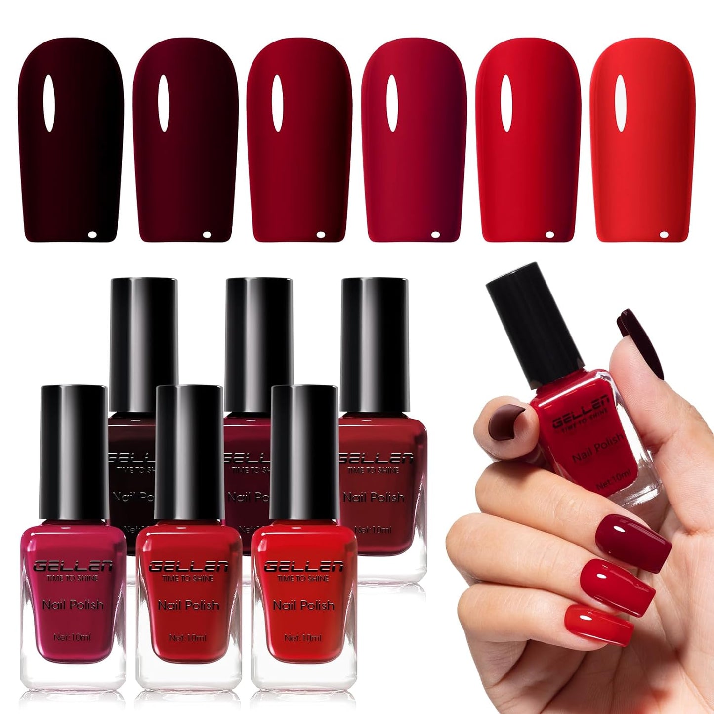 GELLEN Dark Red Nail Polish Set, Deep Burgundy Wine Cherry Blood Red 6 Colors, Fall Winter Quick Air Dry Regular Nail Polish for Women Gifts DIY Art Nails Home Salon, Not UV Gel, Hema Free, Non-toxic