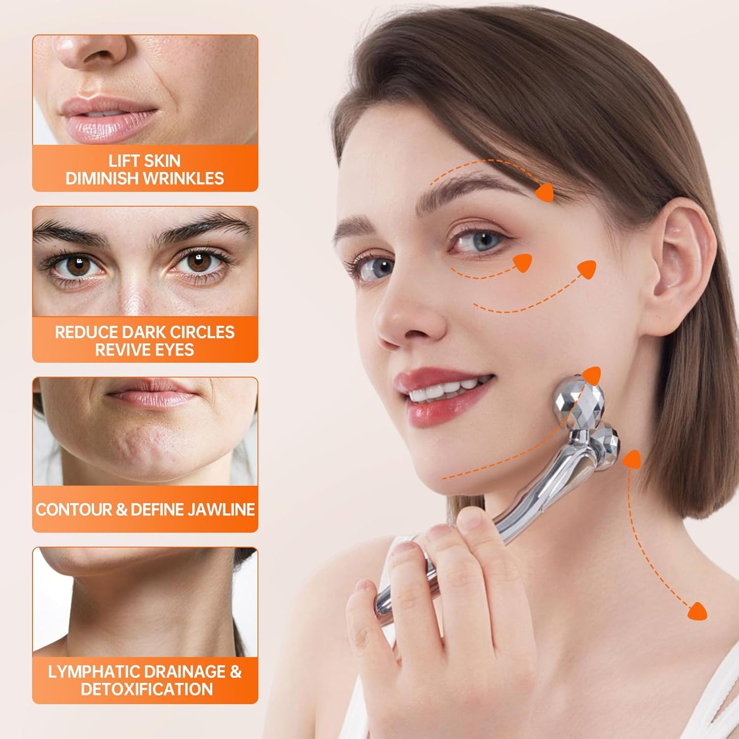 Metal Facial Roller Massager, 3D Cooling Face Massage Tool for Reduce Puffiness, Remove Eye Wrinkles, Face Lifting, Increase Firmness, Anti-Aging, Skin Tightening