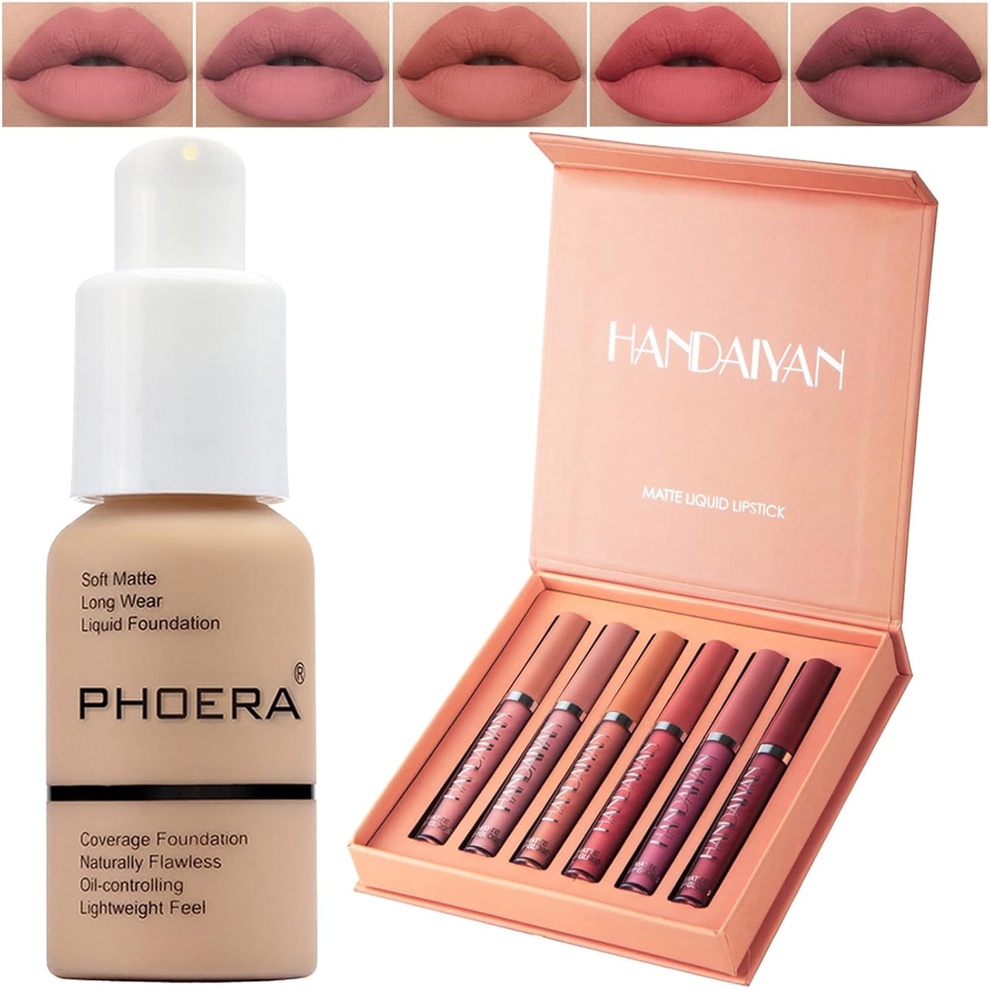 PHOERA Foundation,6 Pcs Matte Liquid Lipstick Makeup Set, Matte liquid Long-Lasting Wear,PHOERA Makeup Foundation Full Coverage(104- Buff Beige)