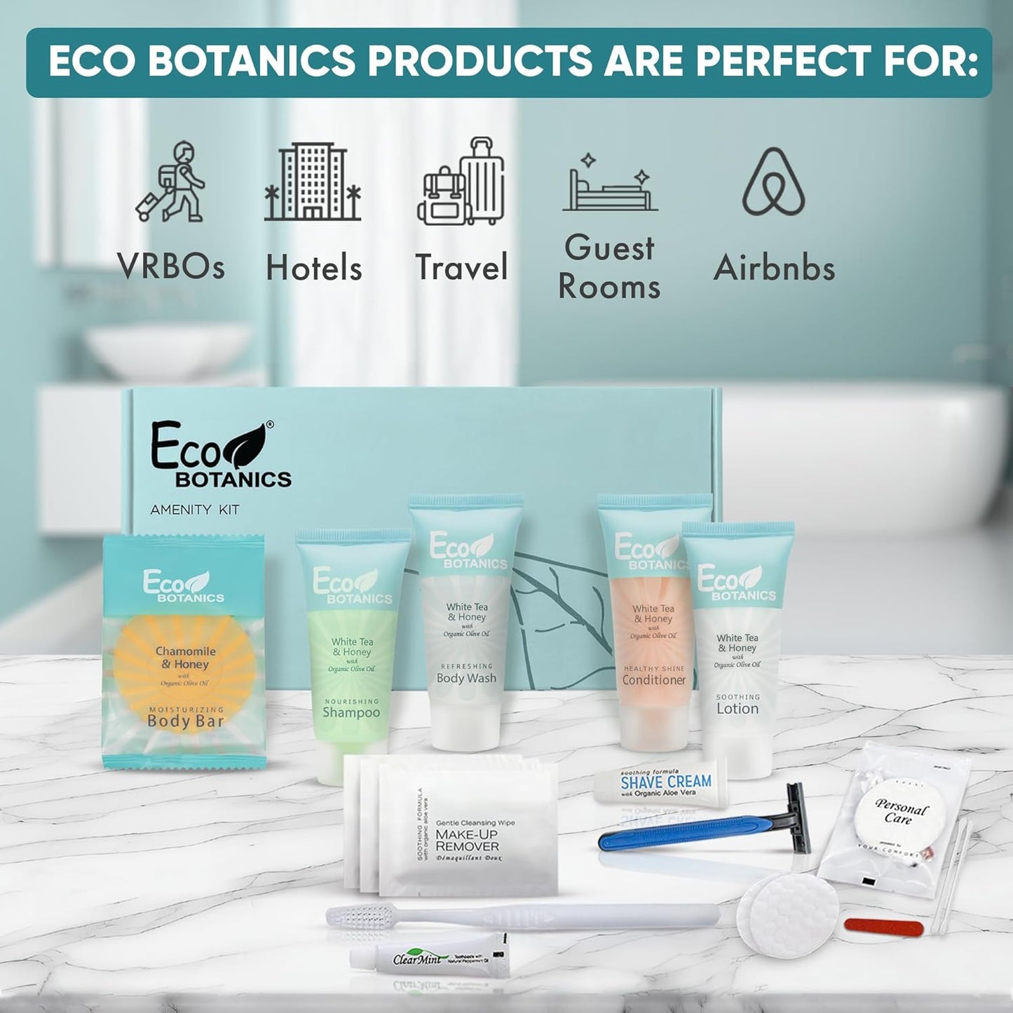 Eco Botanics Amenity & Accessory Kit | 0.85 oz Travel Size Shampoo, Conditioner, Lotion, Body Wash, Soap Bar, Shave & Dental Sets, Make-Up Remover Wipes, & Vanity Kit | 60 sets per case