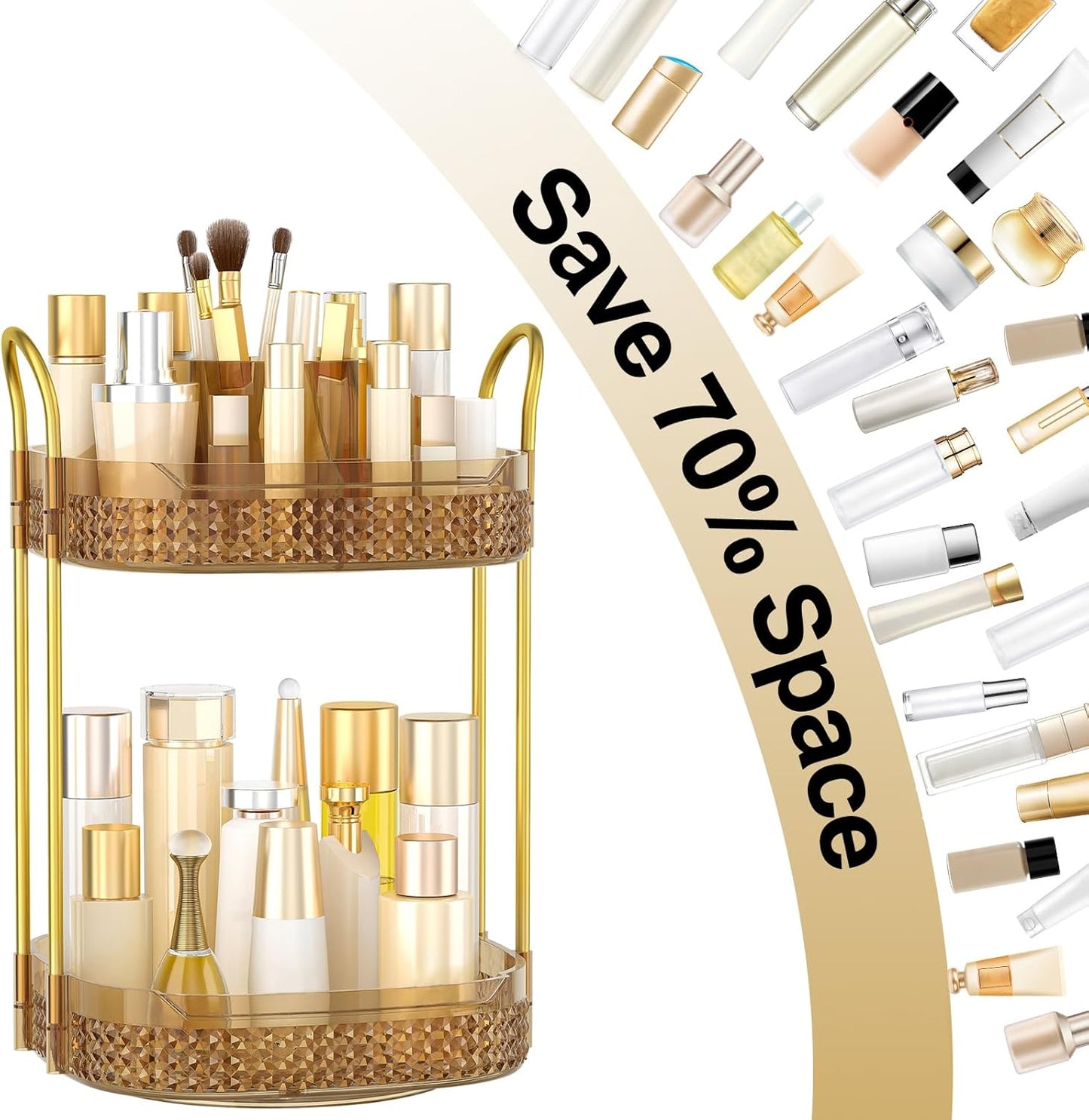 360° Rotating Makeup Organizer 2 Tier, Large Skincare Clear Make Up Storage Spinning Perfume Organizers for Bathroom Counter Dresser, Pink