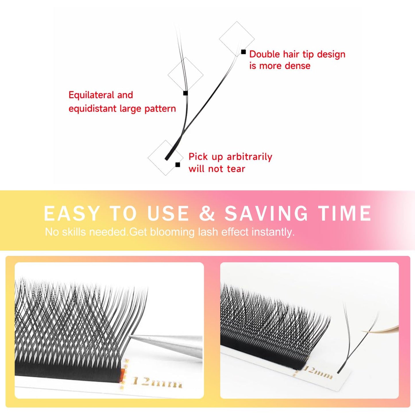 YY Lash Extensions Supplies Y Eyelash Extensions 0.07mm Thickness D Curl 11mm Premade Fans 4D Russian Volume Matte Black 12 Rows Crisscross Eye Lashes(YY-0.07-D,11mm)
