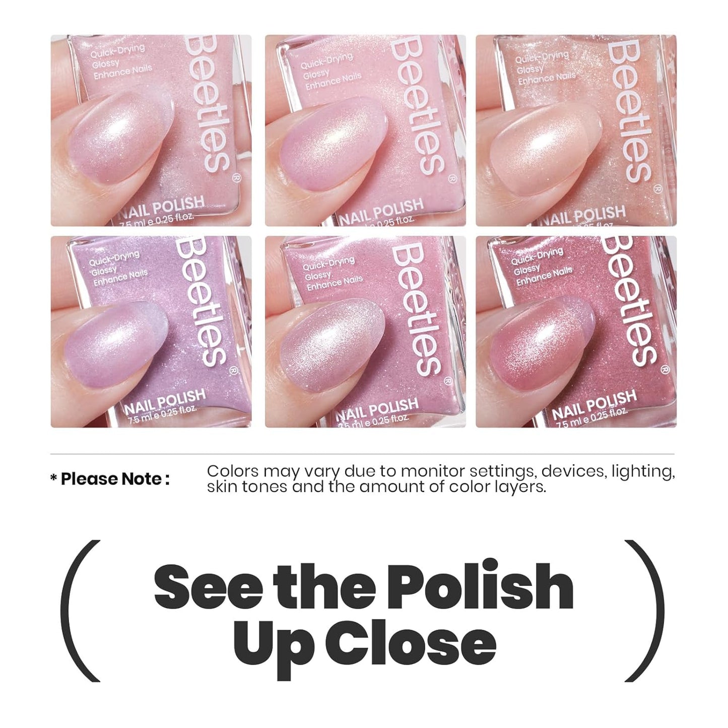 Beetles Pink Nail Polish Set, 6 Colors Glitter Quick Dry Nail Polish Kit Sly Moonlit Fairy Fingernail Polish Gifts for Women Salon DIY Manicure Kit