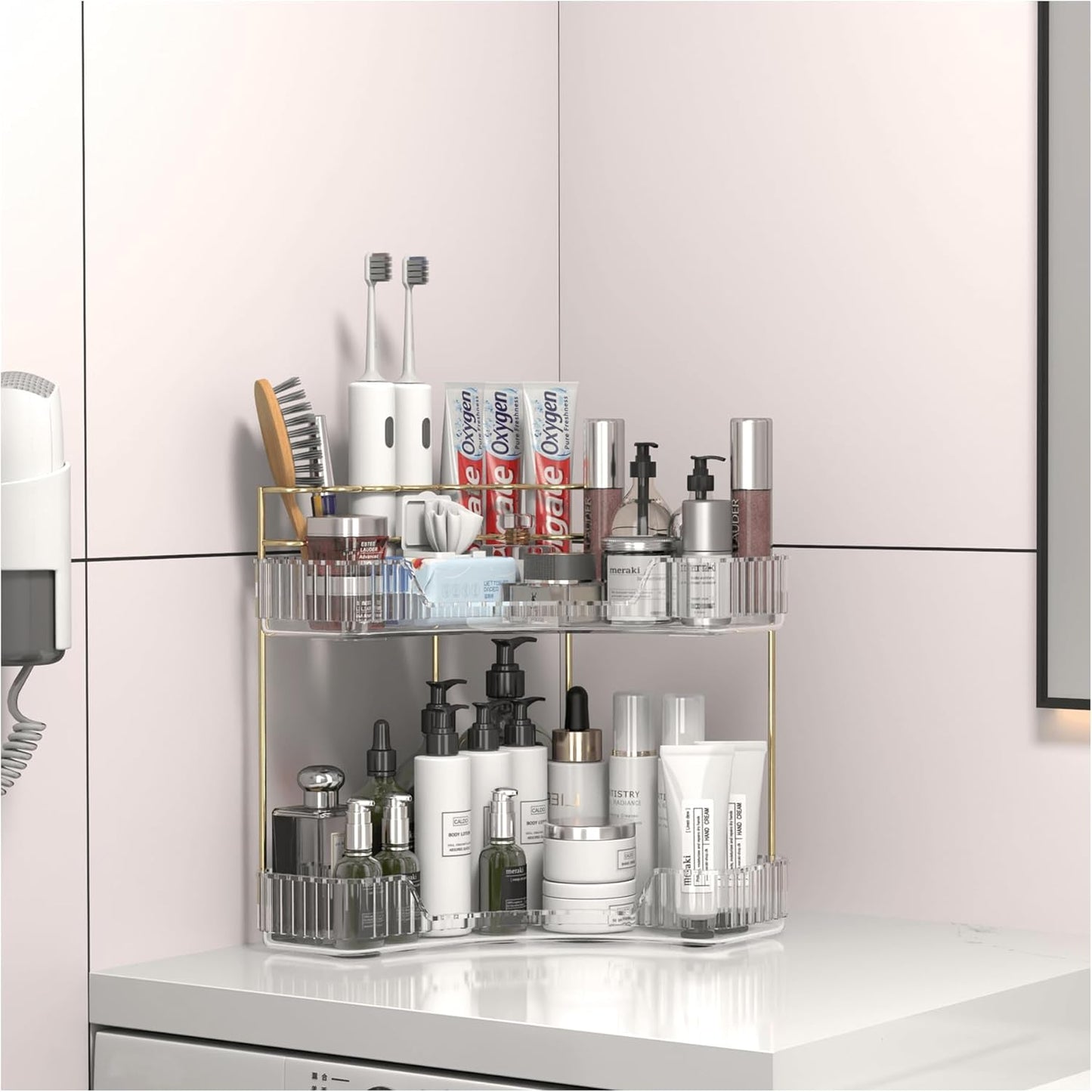 Makeup Organizer Countertop 2 Tier, Corner Bathroom Countertop Organizer with Toothbrush and Makeup Brush Holder, Corner Vanity Tray for Skincare Organization