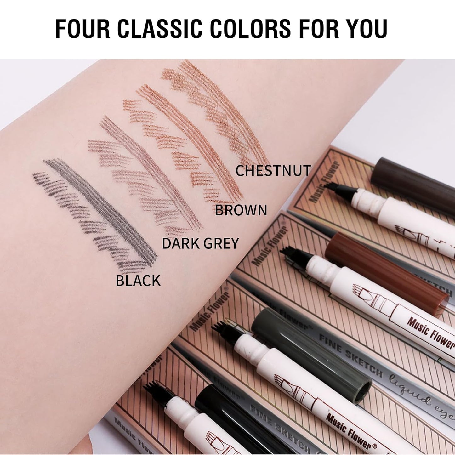 Music Flower Eyebrow Pencil, Liquid Eyebrow pen, Smudgeproof Long Lasting Fine Sketch Brow Pen with Micro-Fork Tip,Waterproof Microblading Pen-Black