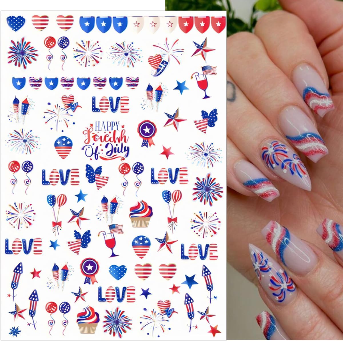6 Sheets 4th of July Nail Stickers for Nail Art Independence Day Nail Decals 3D Self-Adhesive USA Flag Fireworks Letters Numbers Star Sticker Nail Designs Fourth of July Nails Decoration DIY for Women
