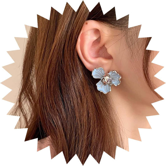 Unique Blue Flower Earrings Studs Vintage Floral Petal Earrings Statement French Blue Iris Flower Earrings Studs Bridal Wedding Prom Earrings Jewelry for Women