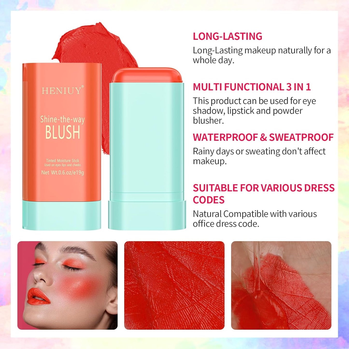 Orange Blush, Multi-Use Blush Stick, Cream Blush for Cheeks, Long Lasting and Waterproof, Natural-Looking Stick Blush for All Skin, Makeup Blush, Coral Orange