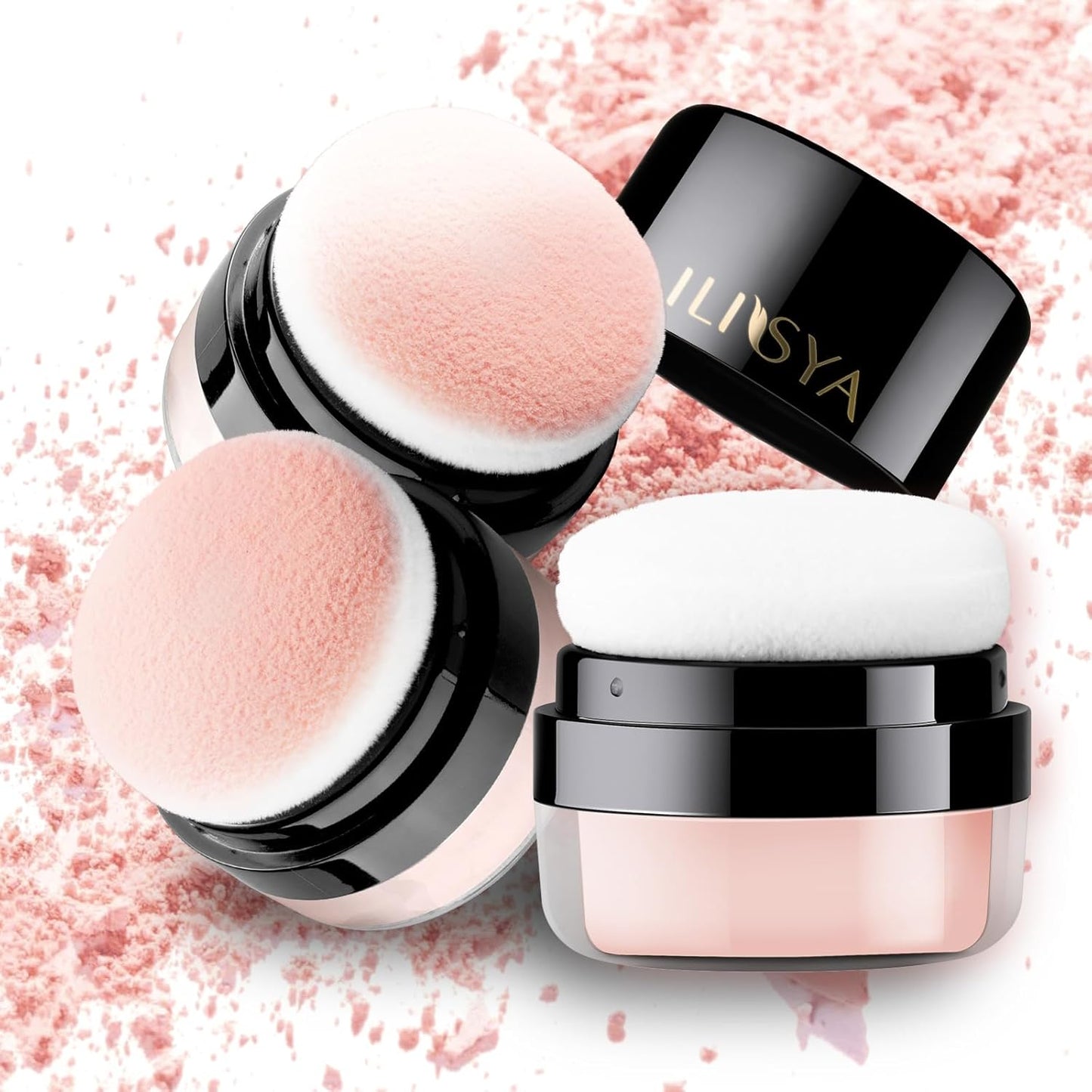 Setting Powder Lightweight Loose Powder Finishing Powder Long-Lasting Face Powder Waterproof with Soft Mushroom Powder Puff & Mirror, Shimmery Finish (Soft Pink/Shimmering)-3 Boxes