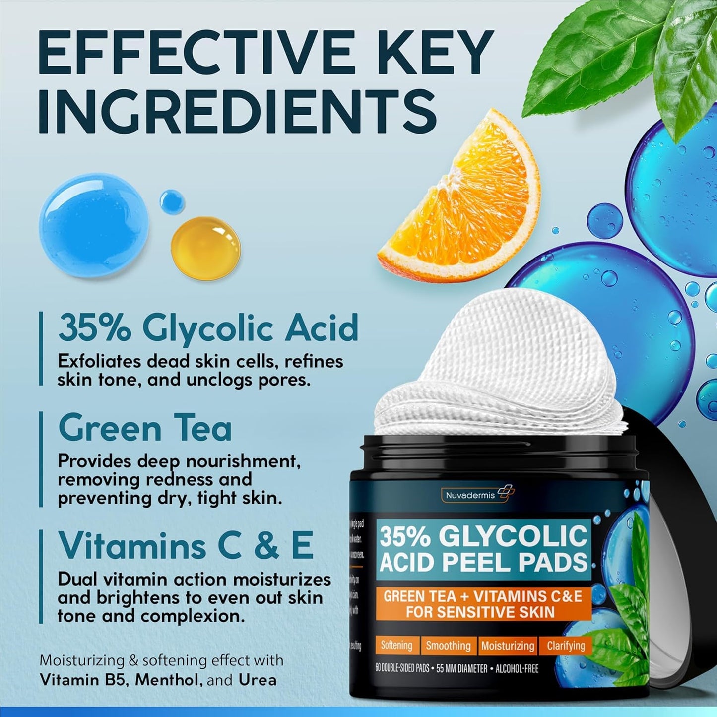 NUVADERMIS 35% Glycolic Acid Peel Pads – Exfoliating Facial Resurfacing for Blackheads, Dark Spots, and Acne – Safe for Sensitive Skin – 60 Double-Sided Pads - 2 Pack