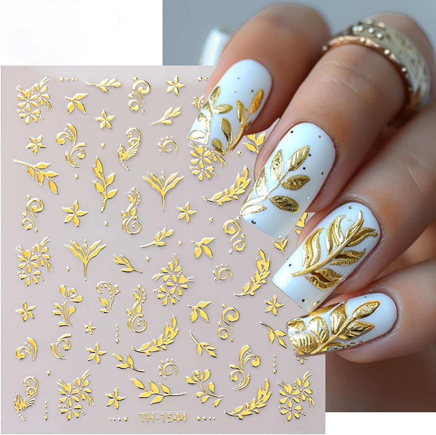 6 Sheets Gold Nail Art Stickers 3D Self -Adhesive Golden Flowers Leaves Nail Decals Holographic Hot Stamping Floral Nail Stickers Summer Blossom Nail Decoration for Women DIY Manicure Supplies
