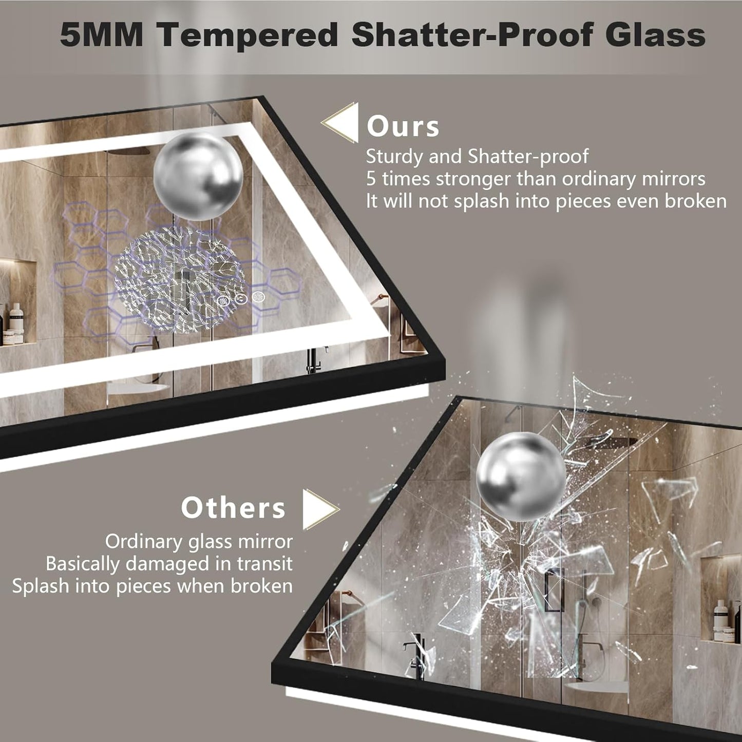 OKPAL 44x36 Lighted Bathroom Mirrors, Black Framed LED Bathroom Mirror, Defogger, Dimmable, Shatterproof, Memory, 3 Colors, ETL Listed (Front Light and Backlit)