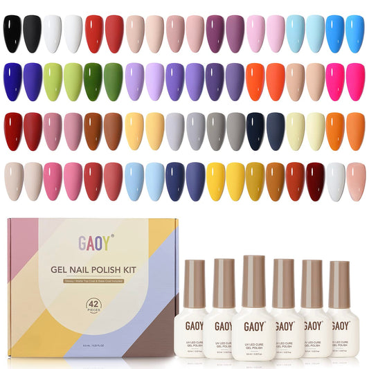 GAOY 42 Pcs Gel Nail Polish Kit, Pink White Red Jelly Nude Colors All Seasons Gel Nail Polish Set with Glossy & Matte Top Coat and Base Coat for Salon and DIY Manicure at Home