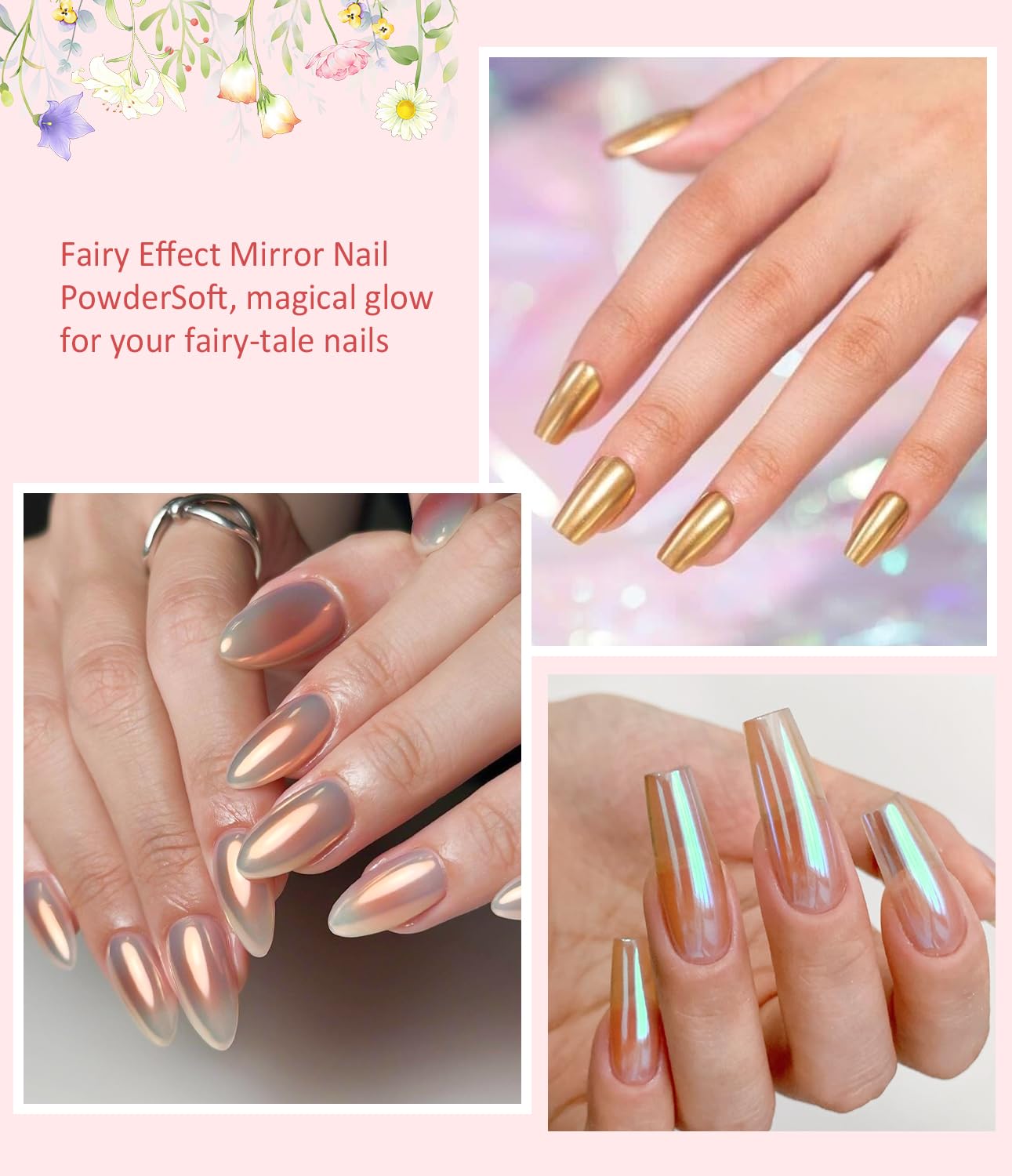 Pearl Chrome Nail Powder BISHENGYF -【Fairy Effect】 Pink Chrome Nail Powder Aurora Mermaid Iridescent White Pearl Clear Nail Chrome Powder, Metallic Mirror Pigment Glitter Dust for Manicure Decoration