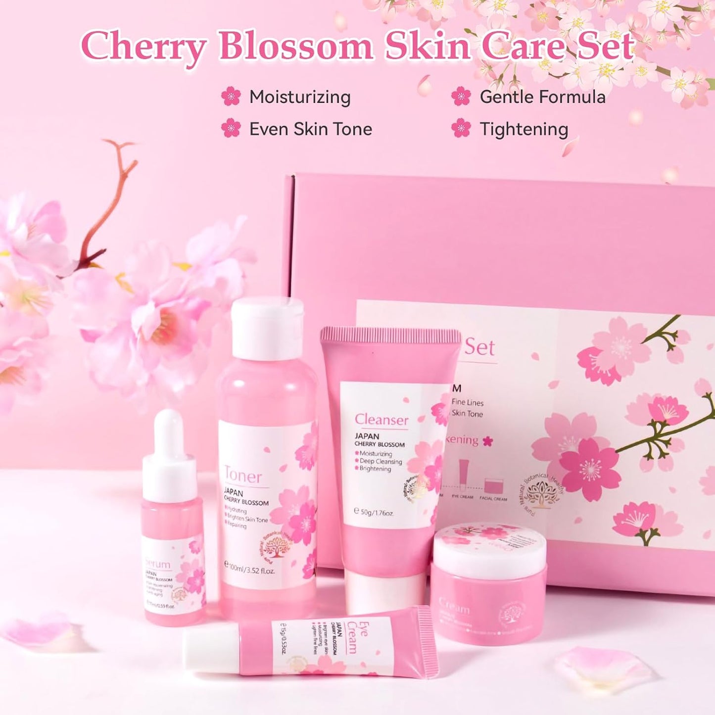 Skin Care Set, Cherry Blossom Skin Care Sets & Kits, Skin Care for Teenage Girls Gift Set with Cleanser, Toner, Serum, Eye Cream, Facial Cream, Facial Skin Care Sets & Kits for Teenage Girls Women