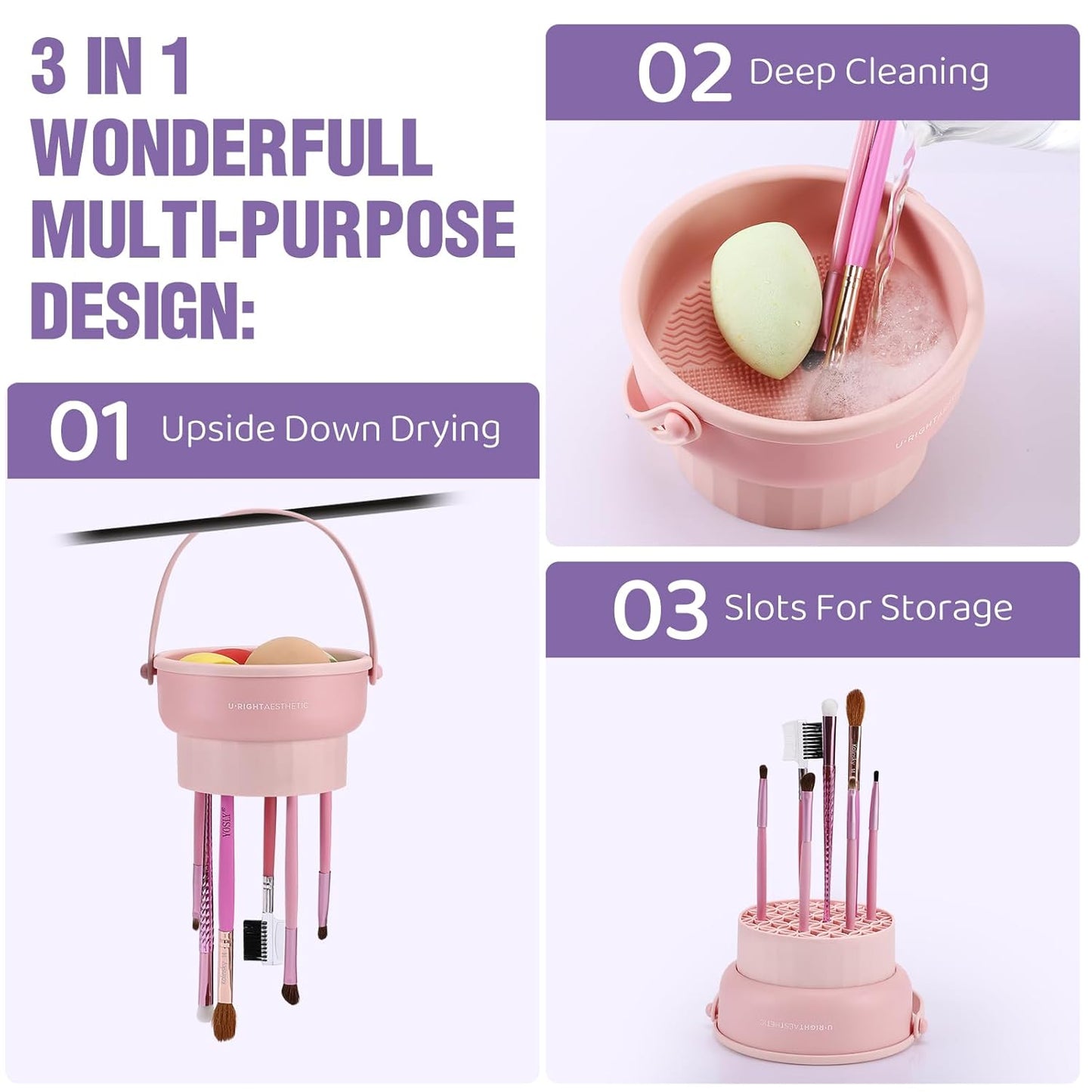 Makeup Brush Cleaner Mat 3 in 1 Silicone Makeup Brush Cleaner Bowl Cosmetic Brushes Cleaning Tool Organizer for Storage and Air Drying (Purple)