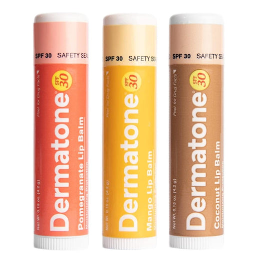 Dermatone Lip Balm Fruit Variety Pack | Moisturizing Lip Care | Soothes & Heals Chapped Lips | SPF 30 | Aloe, Tea Tree Oil | 3-Pack (Coconut, Mango, Green Tea)