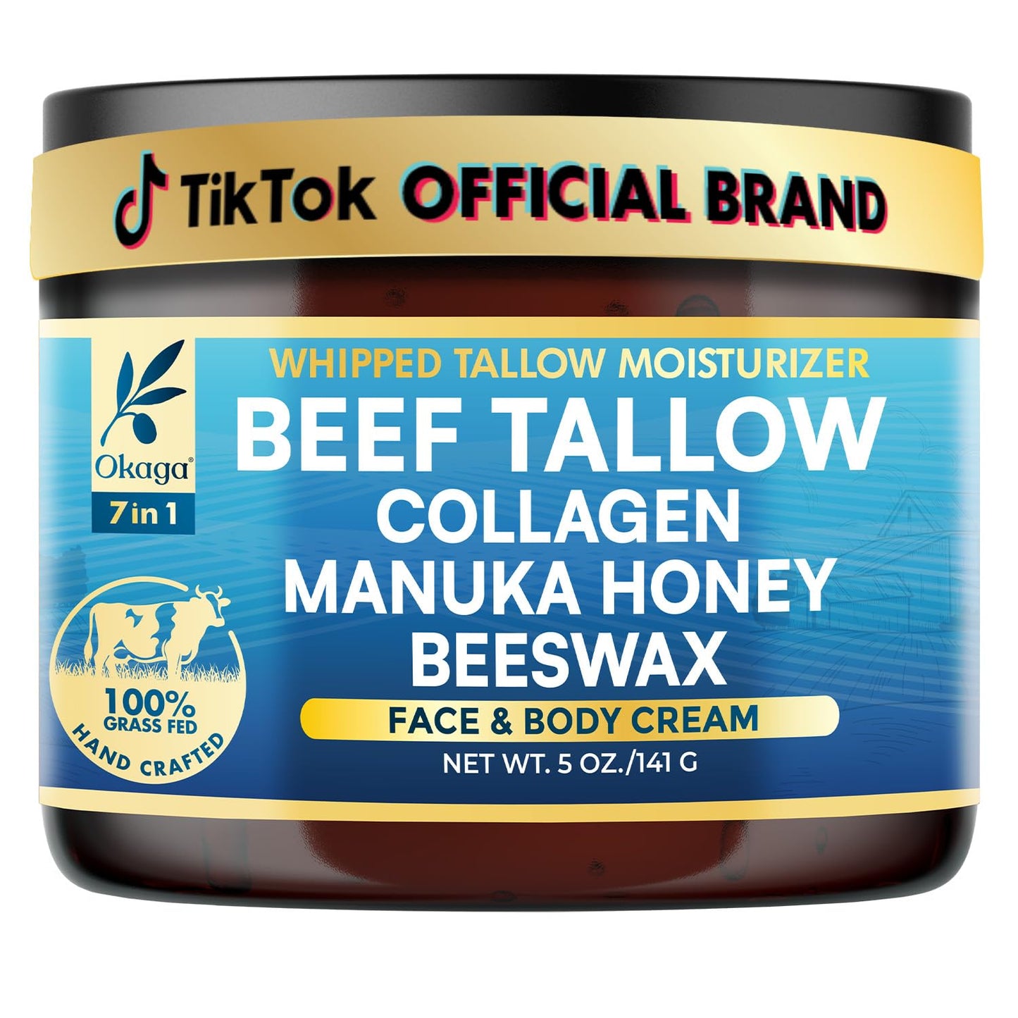 Organic Beef Tallow for Skin, Organic Grass-Fed Beef Tallow Balm with Manuka Honey, Aloe Vera, Jojoba Oil, Collagen & Beeswax, Olive Oil, Moisturizer for Dry Skin, Nourishes Face, Body & Lips (5oz)