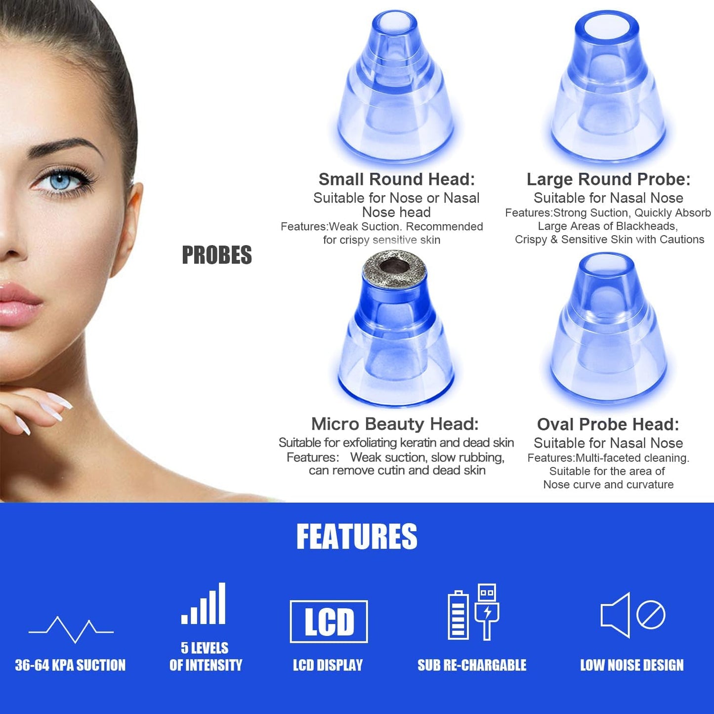 Blackhead Remover Pore Vacuum, Face Suction Pore Cleaner, 5 Suction Power Electric Blackhead Extractor Tool, 4 Probes, Blackhead Suction Remover for Women & Men（Blue）