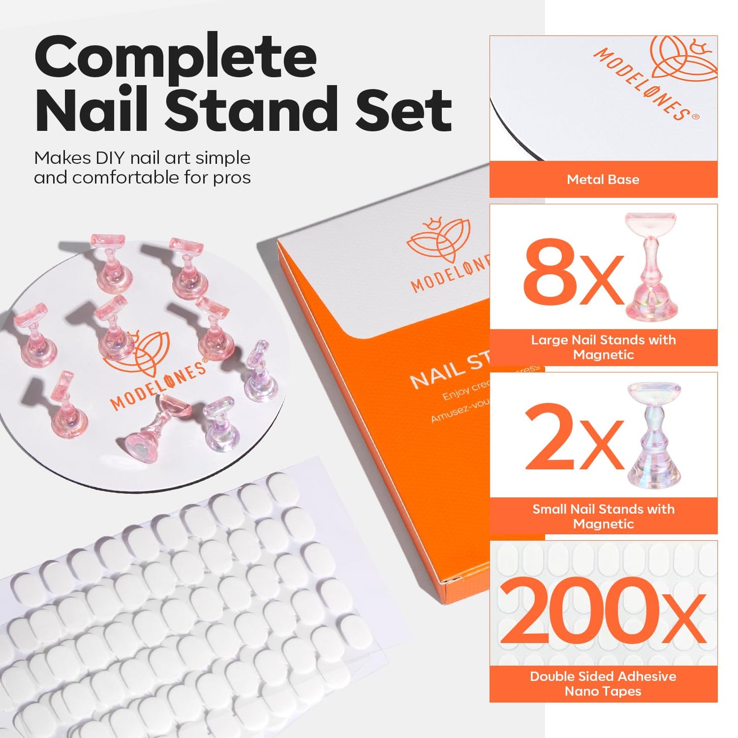 Modelones Nail Stand Set, Magnetic Nail Stands for Press ons False Nail Tips Practice Acrylic Holder with 200pcs Sticky Tabs Strong Metal Base Painting Display DIY & Salon Use Beginner Supplies