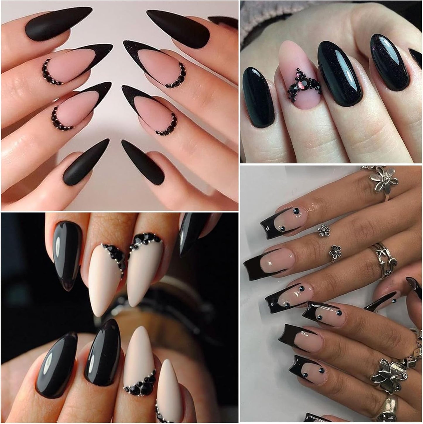 Nail Art Pearls with Rhinestones Glue Gel Flatback Pearls Nail Charms Luxurious Nails Supplies Accessories Gold Silver Gems Jewelry Pearl for Women Nails Design(Black)