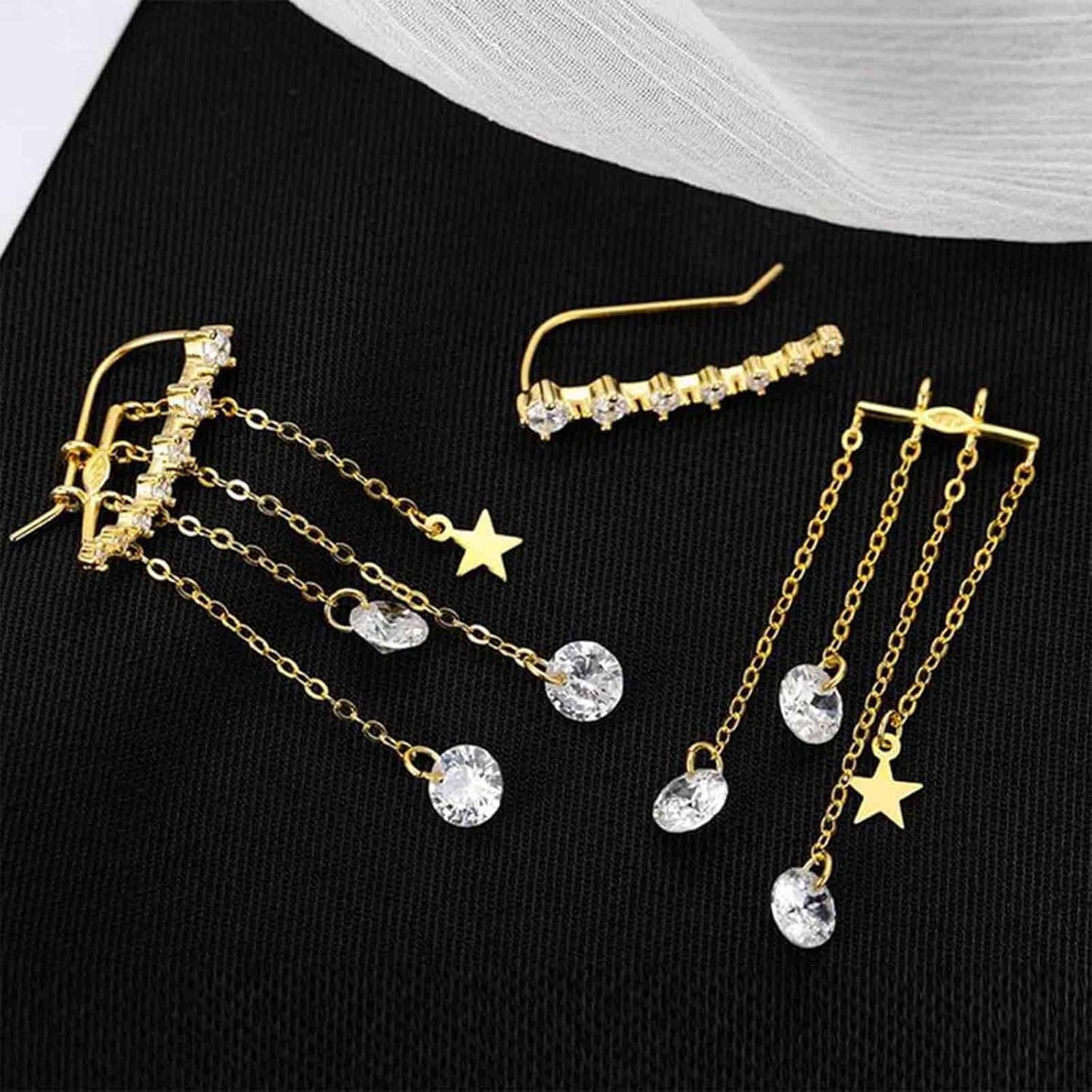 Boho Star Ear Jacket Earrings Gold Cz Star Ear Climber Earrings Crystal Chain Tassel Earrings Crystal Ear Crawler Long Chain Earrings Jewelry for Women and Girls Gifts