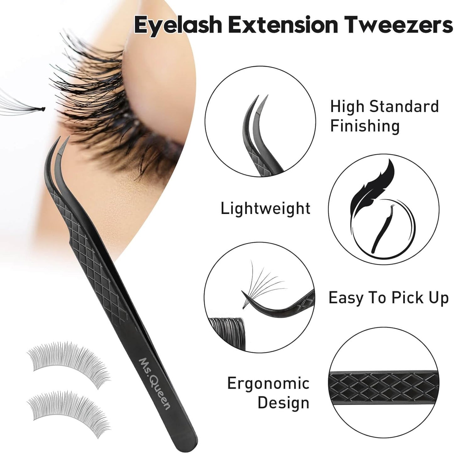 Ms.Queen Eyelash Tweezers For Extensions, Precision Diamond Grip Curved Lash Tweezers Fiber Tip,Black