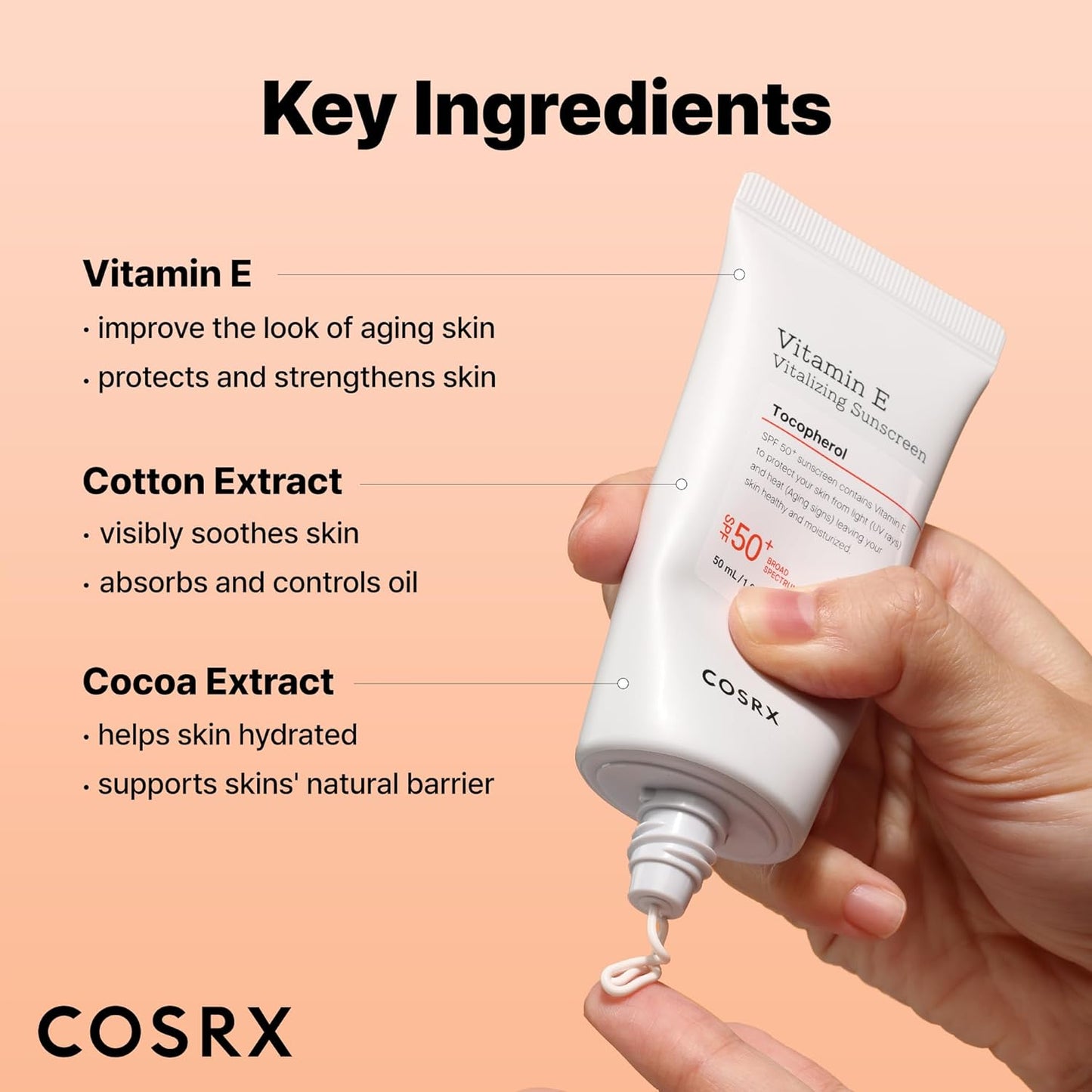 COSRX Vitamin E Vitalizing Face Sunscreen SPF 50, 1.69 fl oz, SPF Moisturizer, Lightweight under Makeup, Travel Essentials, Summer Essentials, Korean Skin Care, Korean Sunscreen for Face