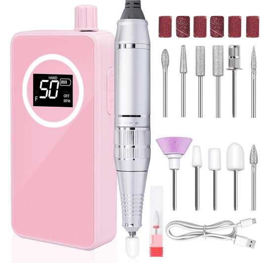 Nail Drill, Portable Electric Nail File 50000RPM, Rechargeable Nail Drill Professional with Bits for Acrylic Gel Nails, E-File Machine Manicure Polishing for Salon Home,Pink