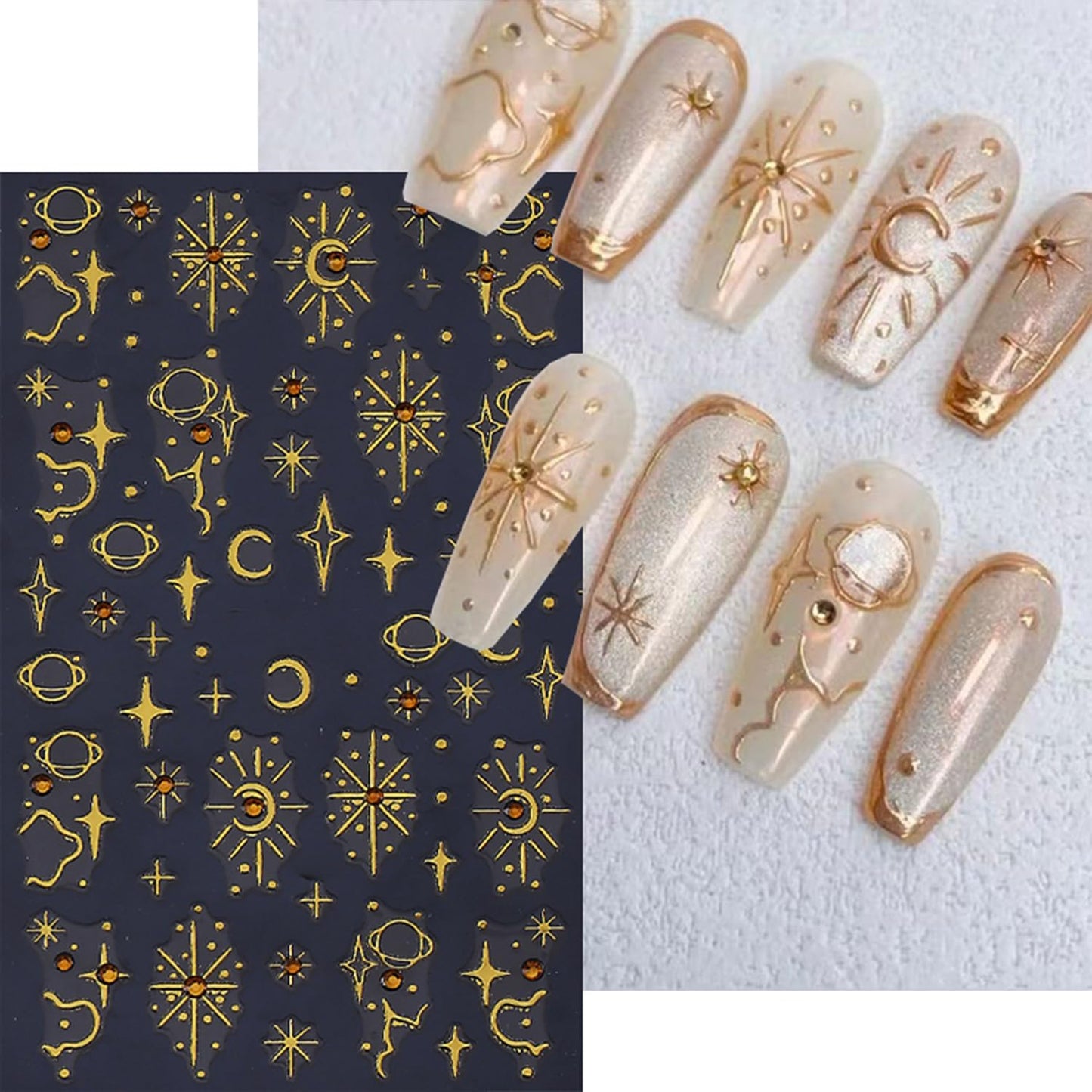 5 Sheets Metallic Gold Nail Art Stickers 3D Self-Adhesive Nails Stickers Bohemian Sun Moon Hexagram 3D Decal Supplies Women DIY Gold Metal Nail Art Decoration
